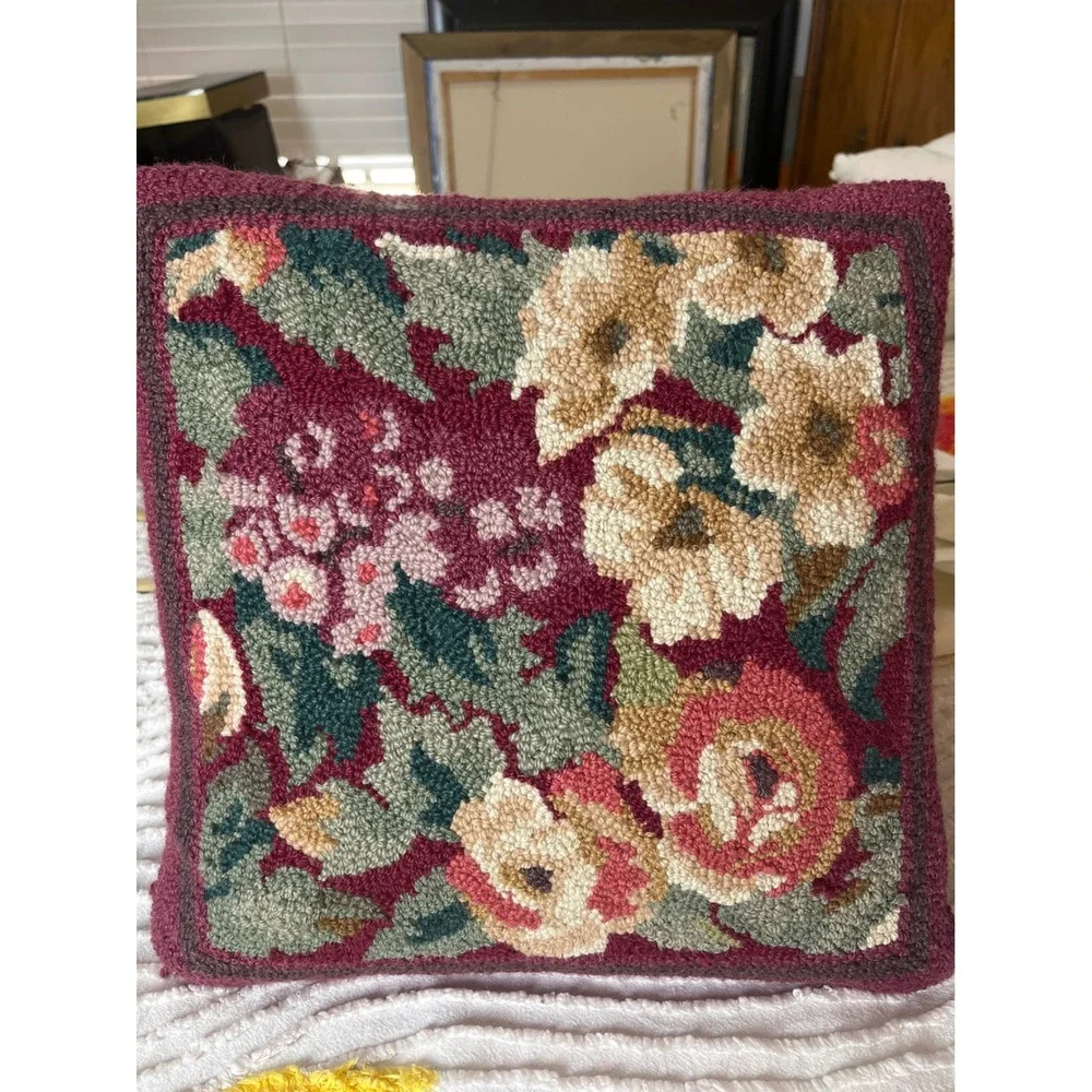 Vintage Hooked Wool Floral Throw Pillow Burgundy Velvet Back 15x15 Square Rose